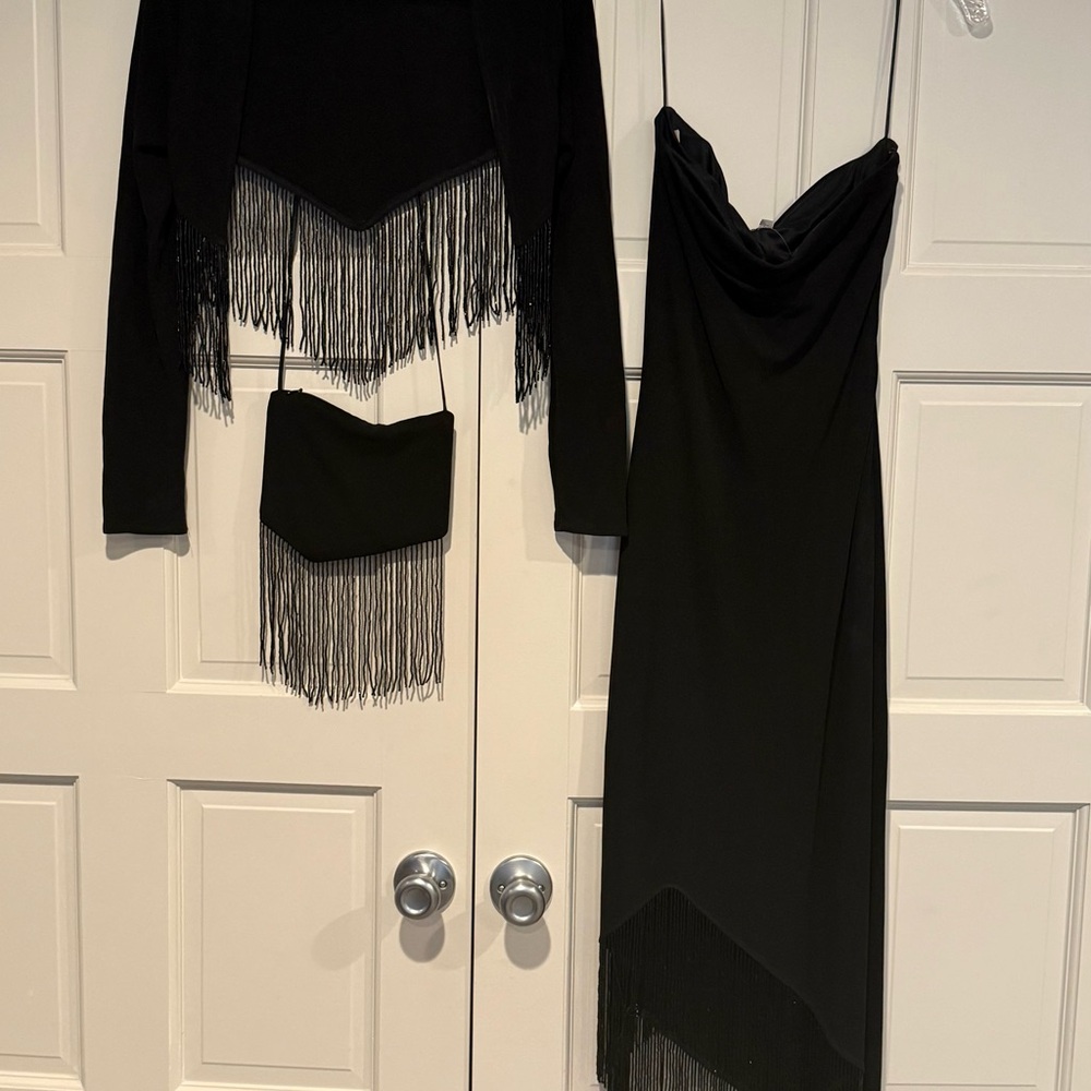 Frivole Strapless Black Fringe Evening Dress